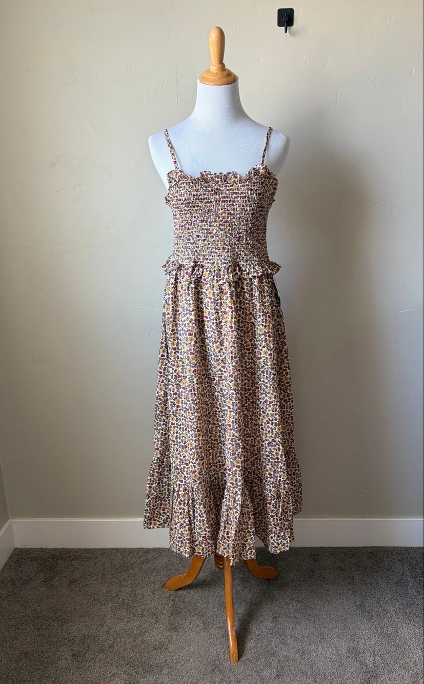 Mikarose L Cotton Fall Harvest Floral Sleeveless Smocked Midi Dress Cottagecore
